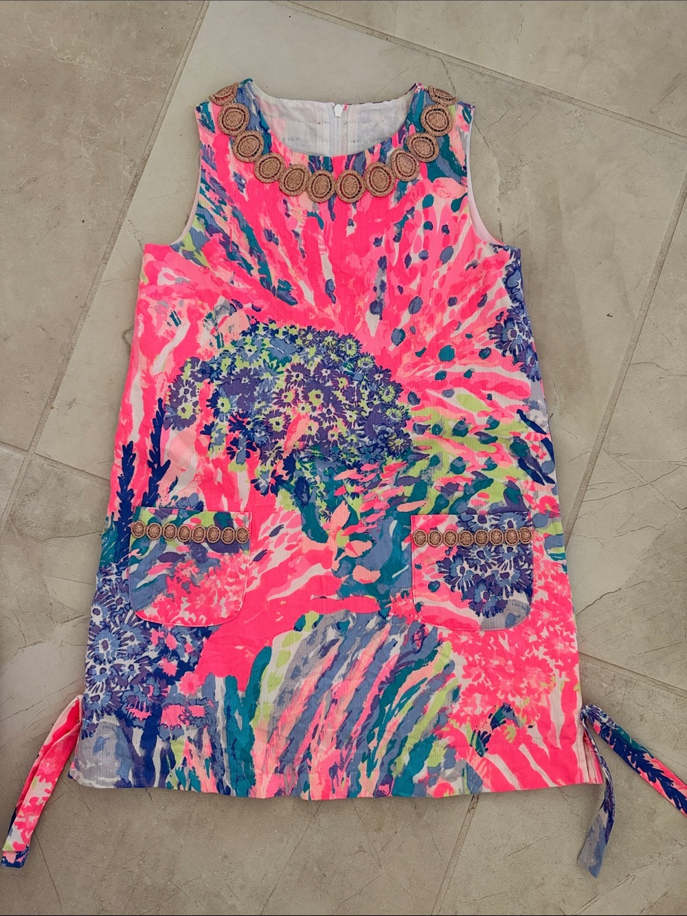 Lilly Pulitzer Neon Pink Multicolor Beaded-Neck Shift Dress